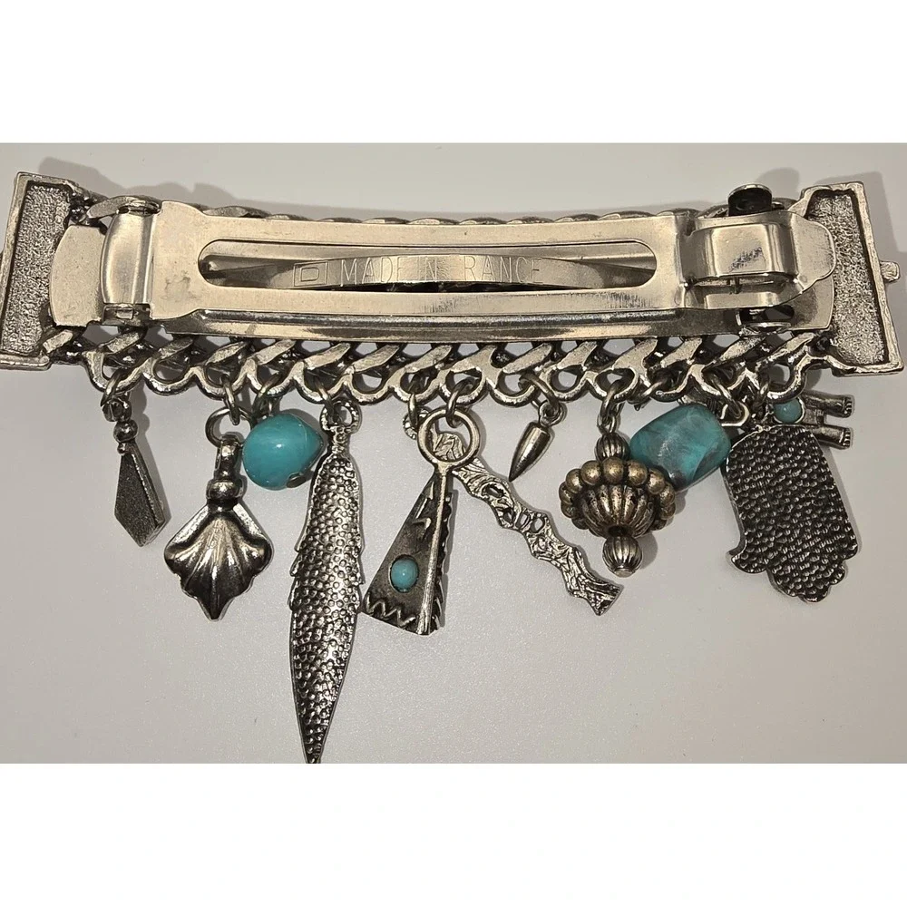 Vintage Hair Clip Barrette Silver Tone With Dangle Charms‎ And Teal Stones -534